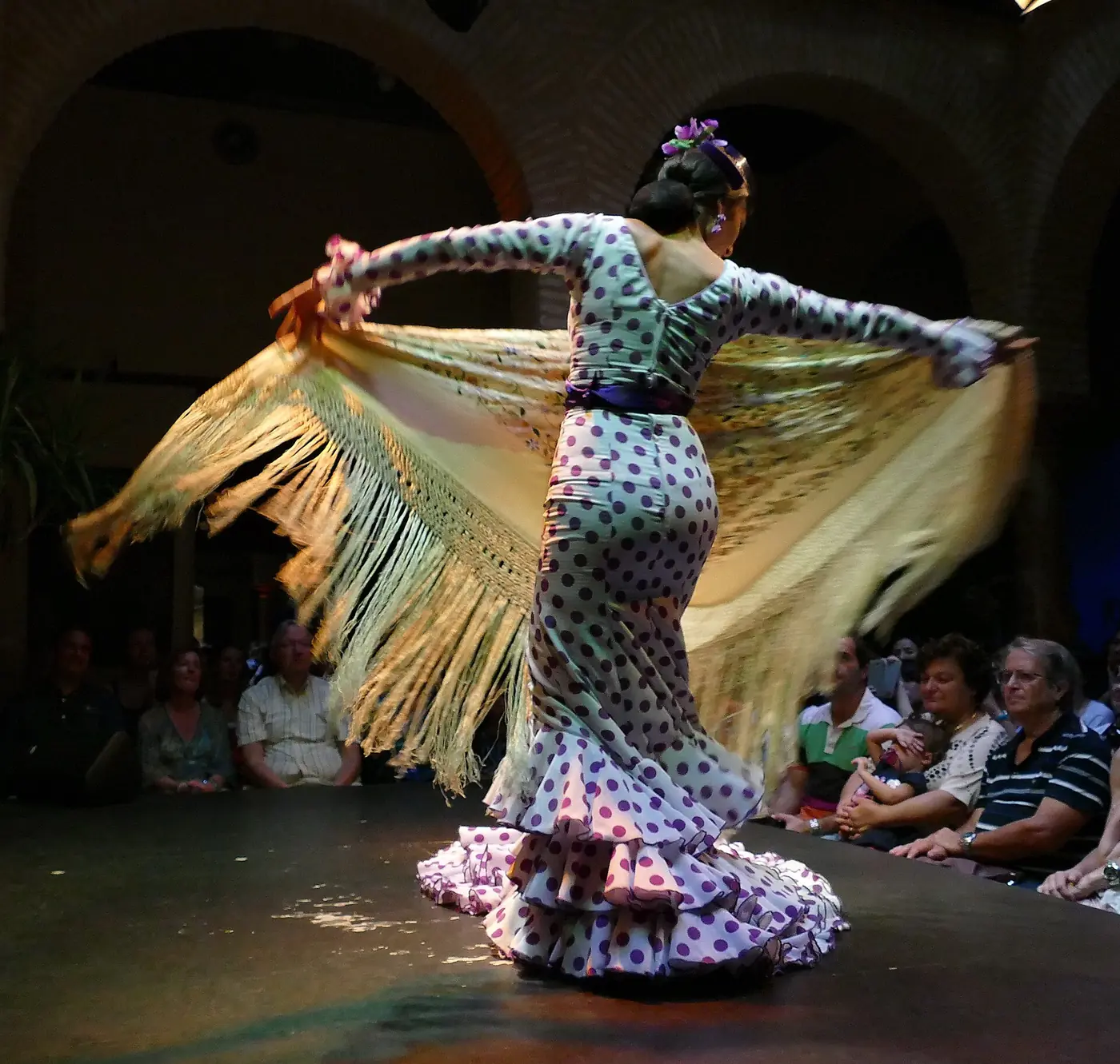 Flamenková tanečnice v šatech s puntíky rozvíří na jevišti dlouhý šál s třásněmi, zatímco publikum sleduje představení z bezprostřední blízkosti